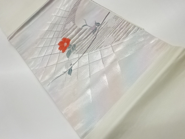 リサイクル　菱に曲線・椿模様織出し開き名古屋帯（額縁仕立て）